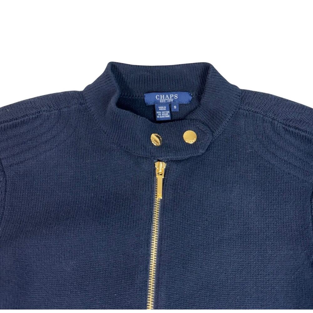 CHAPS WOMEN'S NAVY BLUE KNIT ZIP SWEATER GOLD ACCENTS SMALL - Picture 2 of 4